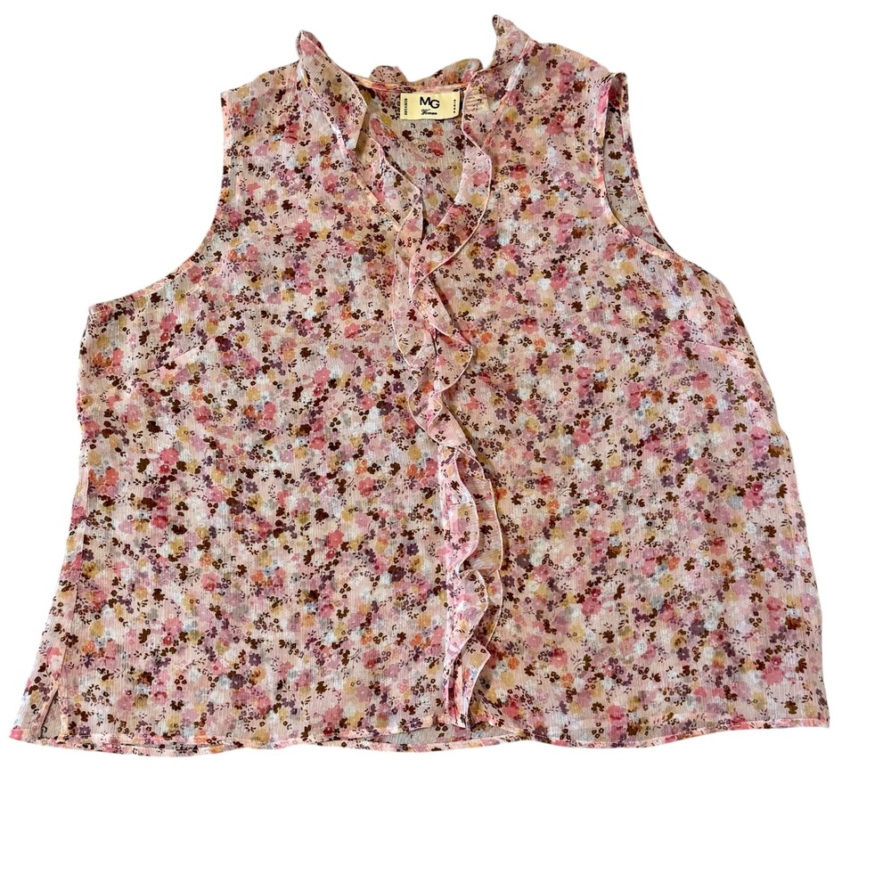 MG Women Pink Floral‎ Chiffon Ruffle Front Sleeveless Blouse Top 3X Plus Size